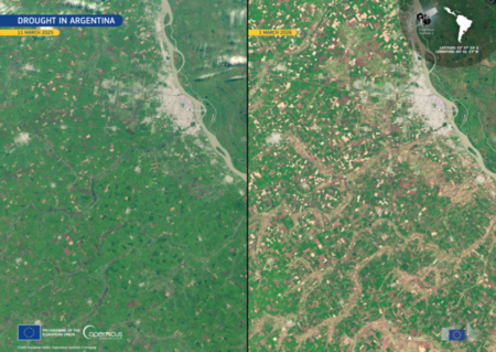 Credit: European Union, Copernicus Sentinel-2 imagery Copernicus Sentinel-2 imagery of Rosario, Argentina, illustrates the visible impact of severe drought on one of South America's most productive agricultural regions through a direct comparison of crop health between March 2025 and March 2026.