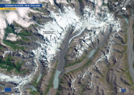 The Copernicus Sentinel-2 image of the Tasman Glacier, New Zealand, acquired on 30 January 2026, perfectly illustrates how satellites monitor glacial retreat and sediment dynamics within Aoraki Mount Cook National Park, serving as a direct visual indicator of climate change impacts on alpine ecosystems.