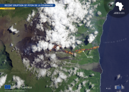Credit: European Union, Copernicus Sentinel-2 imagery By capturing the Piton de la Fournaise eruption on 16 March 2026, this Copernicus Sentinel-2 image supports the Volcanic Activity thematic by mapping a seven-kilometre lava flow as it reaches the Indian Ocean and severs a major coastal road, providing critical data to identify risks to infrastructure and local communities.