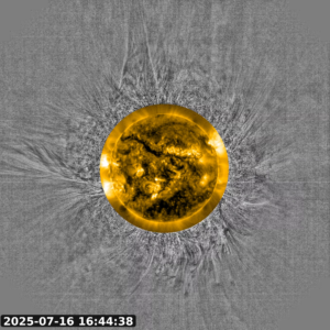 This image is taken from a video. The yellow portion (artificially colored) of the video highlights the Sun in ultraviolet light, as observed by the SWAP telescope aboard ESA’s Proba-2 satellite. The surrounding grayscale area is derived from data collected in visible light by the ASPIICS coronagraph aboard Proba-3.