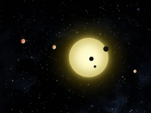 Artist's Impression of a close orbiting multi-planet system - Keplar-11. Credit NASA / Tim Pyle