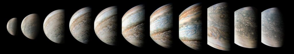 In a 95-minute flyby, NASA's JunoCam captured 11 images tracking Juno's swift journey from Jupiter's north to south pole. The sequence highlights shifting perspectives, vibrant cloud bands, and a striking southern blue vortex. Image credit: NASA/JPL-Caltech/SwRI/MSSS