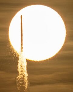 A SpaceX Falcon Heavy rocket with NASA’s Nancy Grace Roman Space Telescope on board is seen transiting the sun during launch on Sunday, Aug. 30, 2026